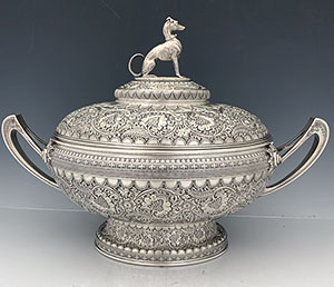 antique sterling Tiffany tureen chased in the Indian style with whippet finial 1875/6